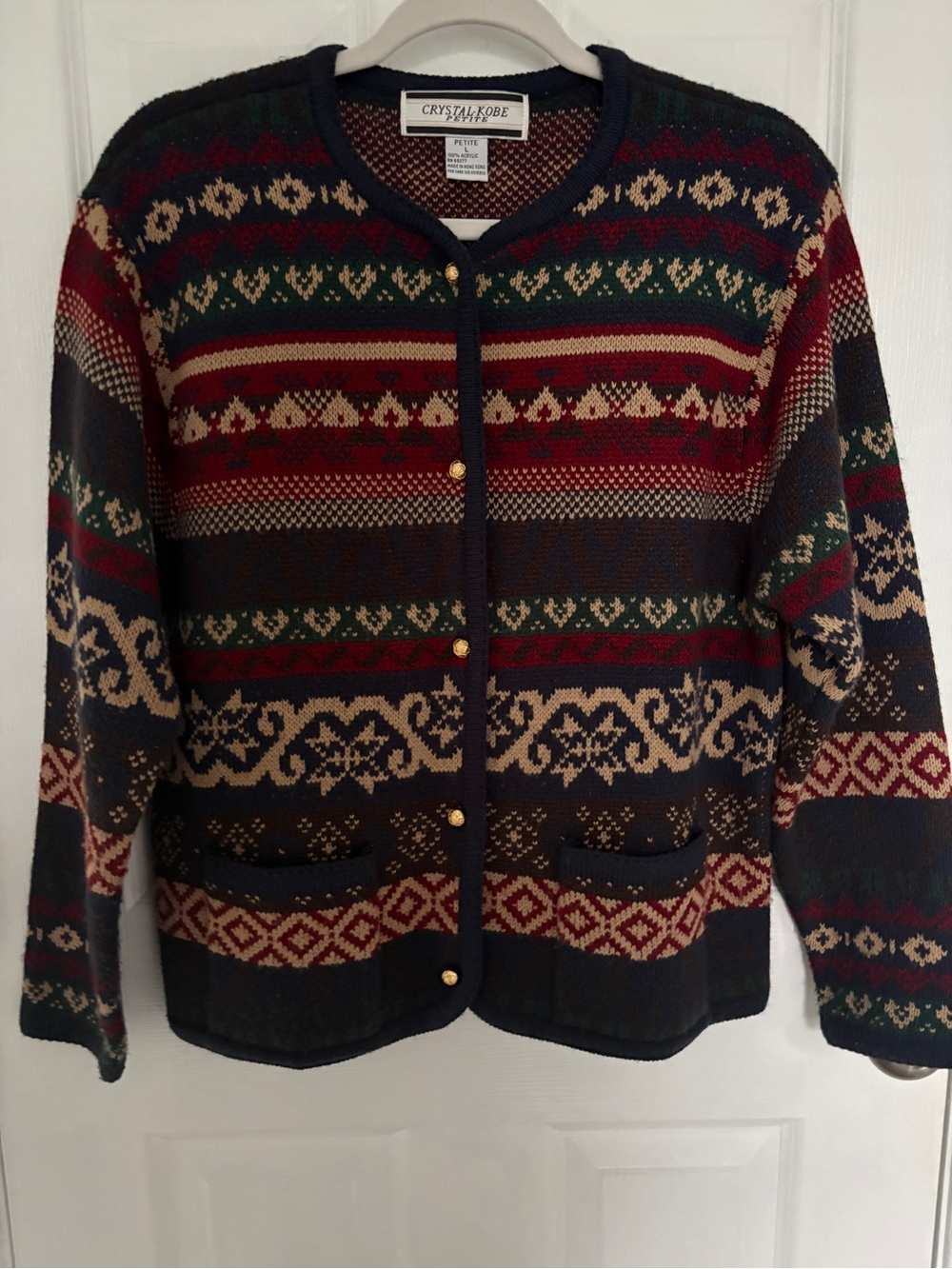 Crystal Cape Navy Multicolor Fair Isle Cardigan with Gold Buttons #0355